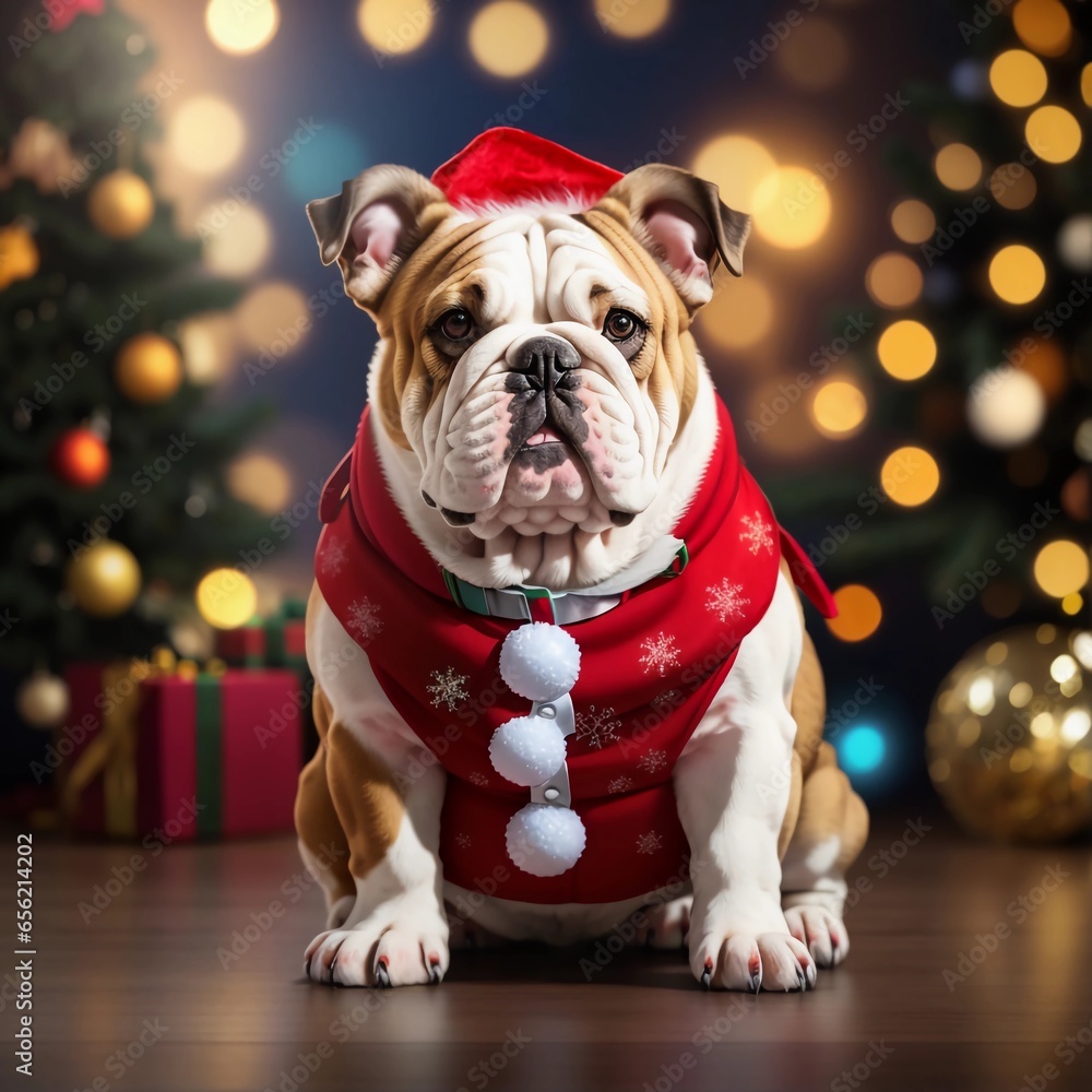 Fullbody bulldog in Christmas costume on bokeh background perfect banner space design