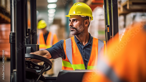 A logistics employee is operating a forklift truck in a busy warehouse. photo