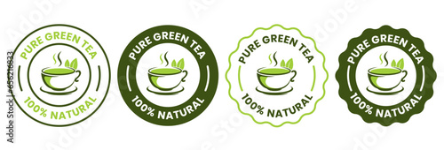 Set of green tea cup logos. Healthy green tea drink stamps. Organic natural food labels.	