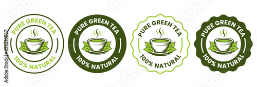 Set of green tea cup logos. Healthy green tea drink stamps. Organic natural food labels.	