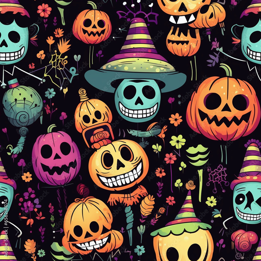 halloween cartoon colorful seamless pattern