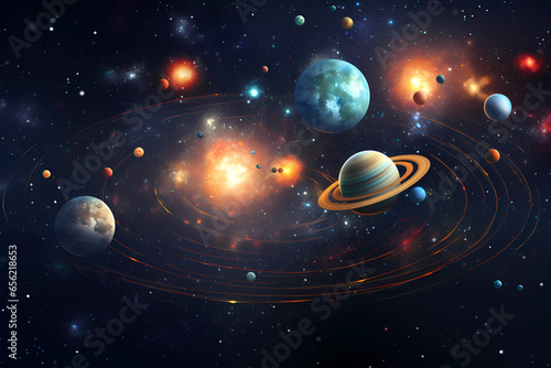 A graphic colour poster for the universe with planets  solar systems  and stars. Astronomical galaxy space