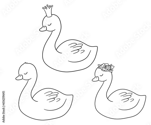 Cute Swan with crown and floral wreath. Black and white cartoon illustration for childish coloring book
