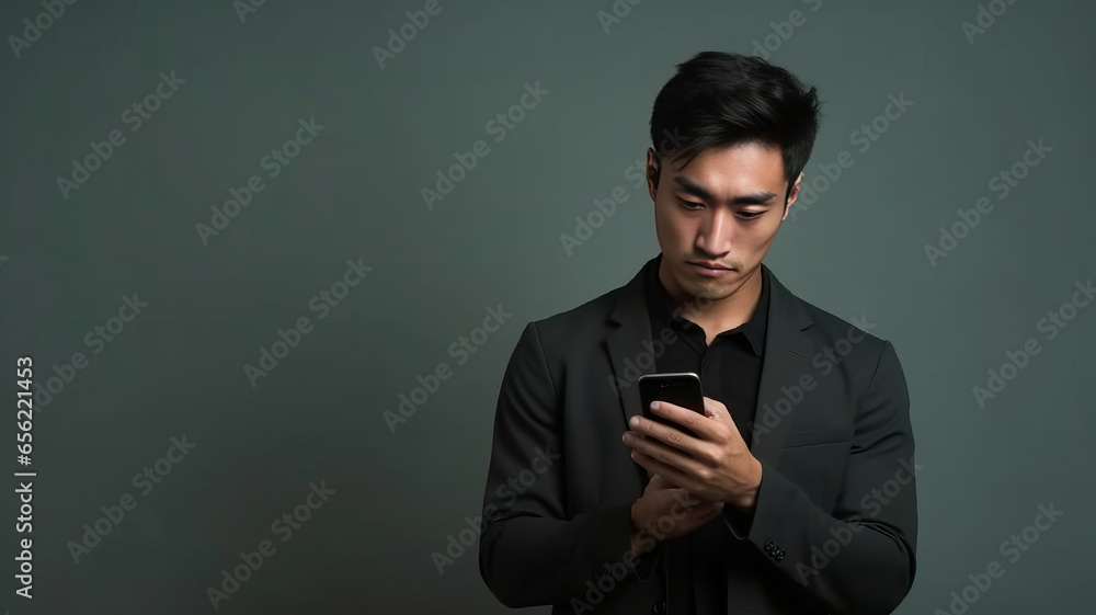 Thoughtful young Asian man with a smart phone on gray background Thoughtful young Asian man with a smart phone on gray background