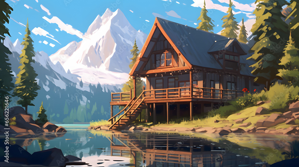 beautiful natural scenery forest lake and mountains illustration style - obrazy, fototapety, plakaty 