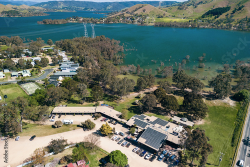 An aerial view of the Bonnie Doon Hotel situated on the banks of Lake Eildon, Victoria, Australia.