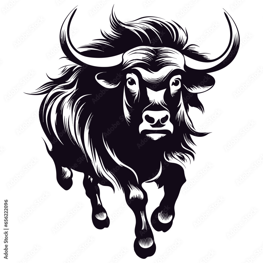 Fototapeta premium Dangerous black long hair wild yak running towards