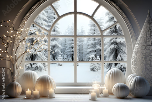 Christmas Digital Backdrop : Beautiful Interior Decoration with White Window, Snowy Christmas Tree outside. photo