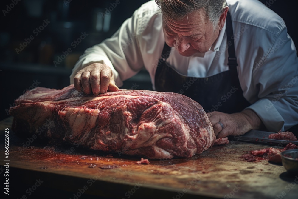 A professional butcher chef uses a knife to cut fresh meat for steak ingredients in the kitchen at a restaurant. AI-generated