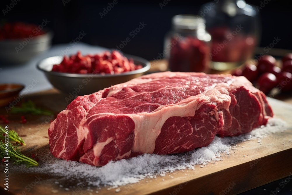 Fresh meat, steak ingredients ready on the table.