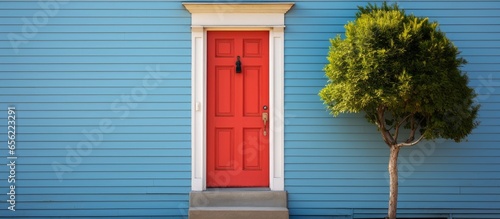 The building has a red door with blue and yellow clapboard walls a red mailbox and a green shrub
