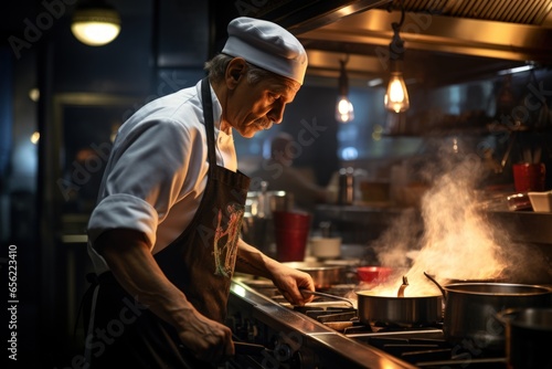 Man chef cooking at a cafe kitchen