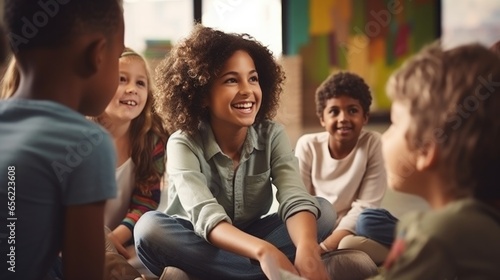 Happy Group of kids sitting on floor in circle around with teacher in library for listening a story