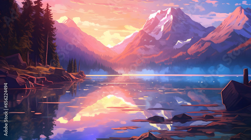 beautiful natural scenery forest lake and mountains illustration style