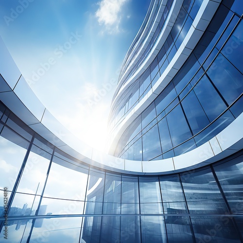 Low-angle view of futuristic architecture, Skyscraper of the office building with curved glass window. 