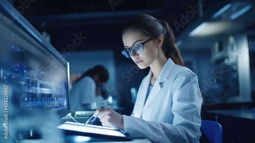 Young woman researcher working in laboratory of research institute innovative medicines and vaccines