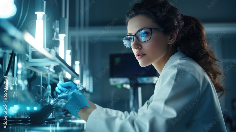 Young woman researcher working in laboratory of research institute innovative medicines and vaccines Young woman researcher working in laboratory of research institute innovative medicines and vaccines
