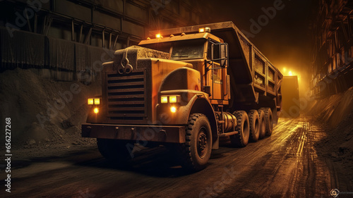 Large quarry dump truck in coal mine at night. Loading coal into body work truck. © LomaPari2021