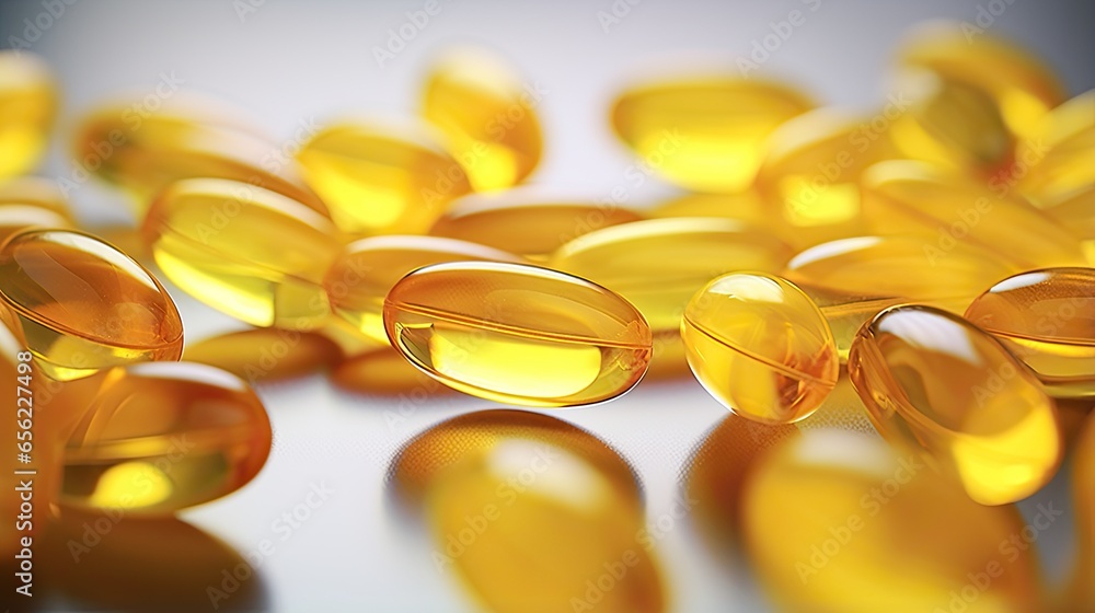 Fish oil capsules with omega 3 or vitamin D, A, E, Healthy diet concept Fish oil capsules with omega 3 or vitamin D, A, E, Healthy diet concept