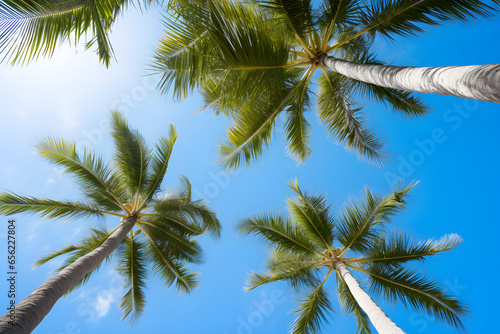 Blue sky and palm trees view from below  tropical beach and summer background  travel concept