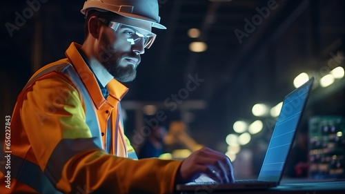 Professional worker using laptop for checking machine in manufacturing industry.generative ai