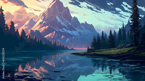 beautiful natural scenery forest lake and mountains illustration style © Ky