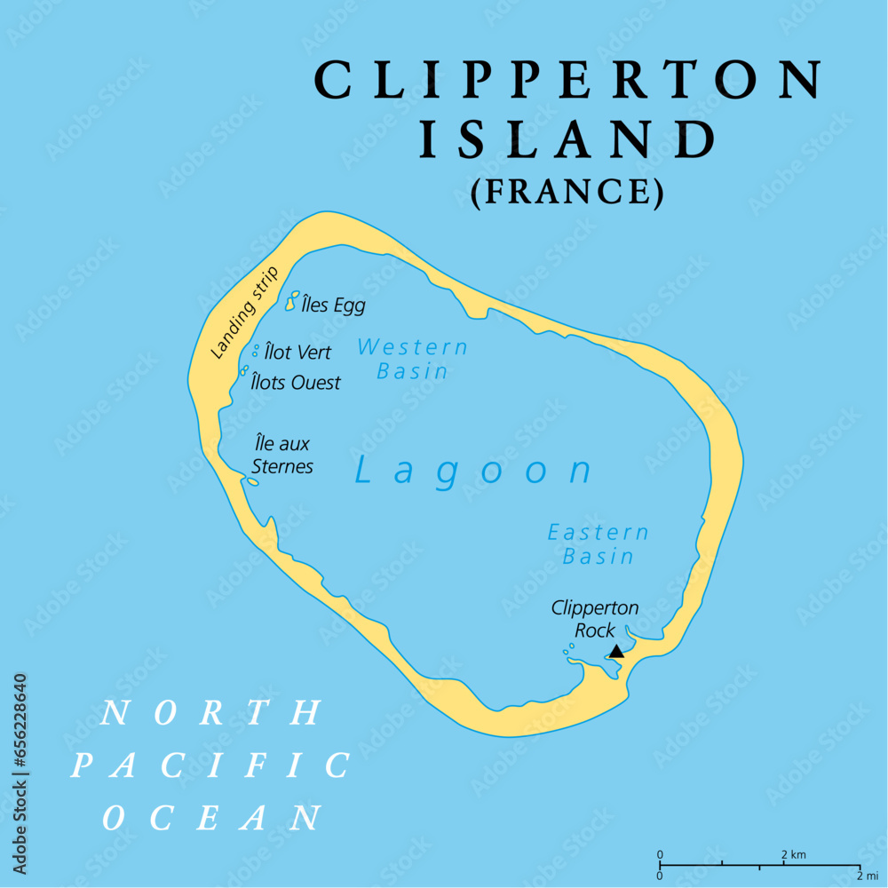 Clipperton Island, political map. Also known as Clipperton Atoll, is an