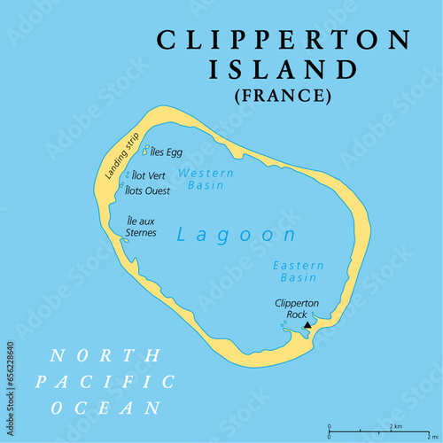 Clipperton Island, political map. Also known as Clipperton Atoll, is an uninhabited French coral atoll in the eastern Pacific Ocean and only French territory in the North Pacific. Illustration.