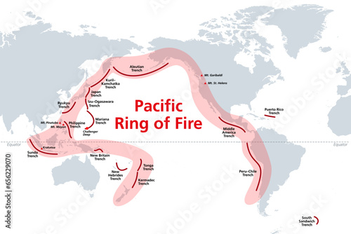 Pacific Ring of Fire, world map with oceanic trenches. The Rim of Fire, or also  Circum-Pacific Belt. Region around the rim of the Pacific Ocean, where many volcanic eruptions and earthquakes occur.
