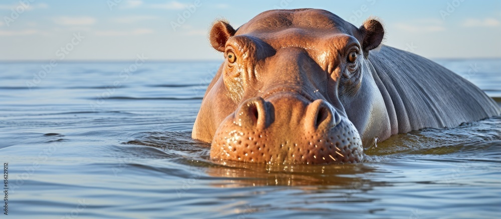 Fototapeta premium Hippo having fun in summer water in Botswana