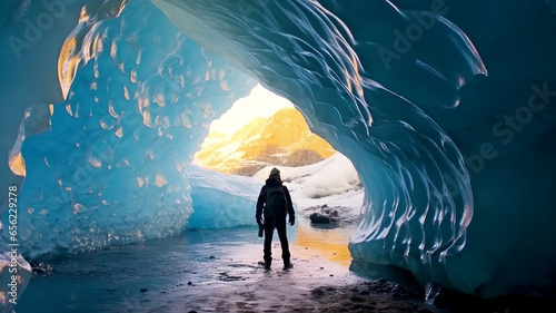 a photo of a person in an ice cave,ice cave in iceland,a sense of adventure. photo