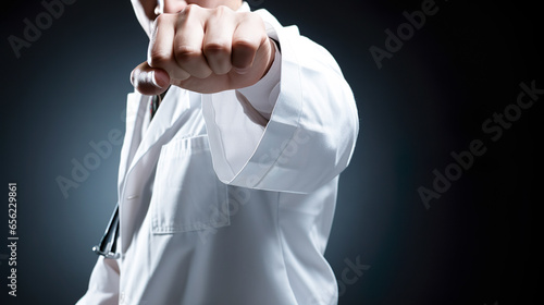 拳を握る白衣の男性医師