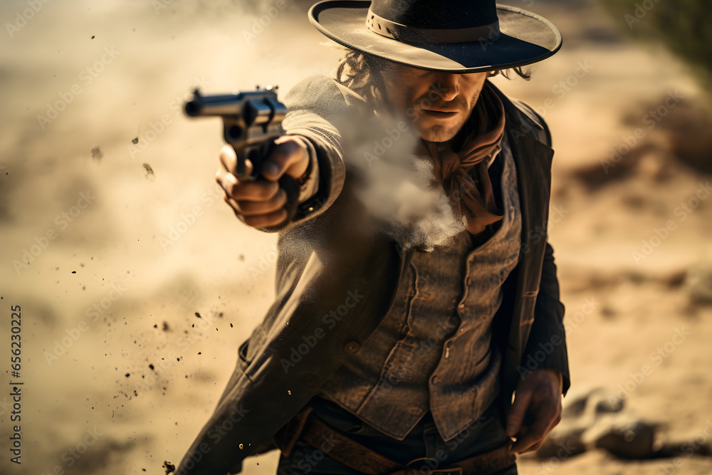 close up of cowboy shooting his gun - obrazy, fototapety, plakaty 