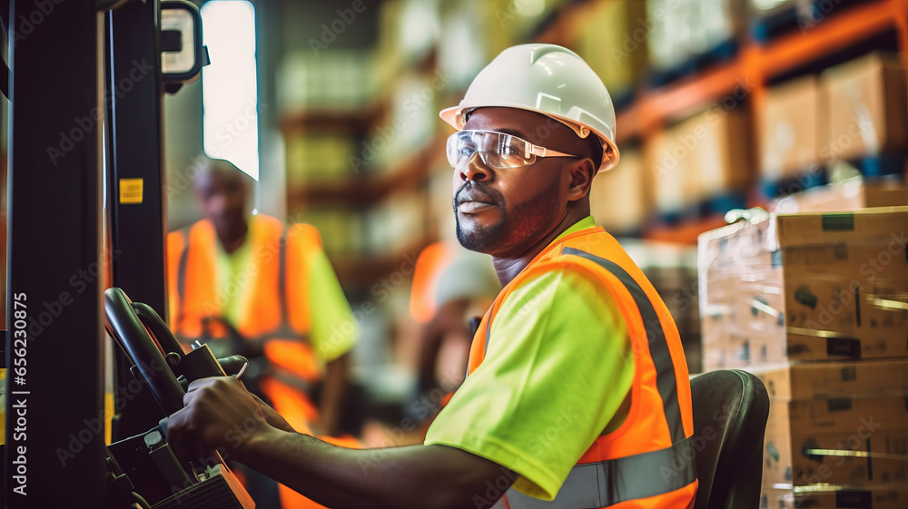 A logistics employee is operating a forklift truck in a busy warehouse. - obrazy, fototapety, plakaty 