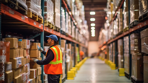 A single logistics employee is working in a busy warehouse. photo