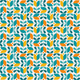 Abstract geometric seamless pattern. Mosaic design with the simple shape of flowers in yellow orange and green on white backgrounds. Neo geometric. Vector Illustration.