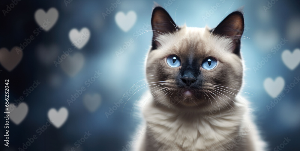 beautiful Siamese cat, on a blue background surrounded by bokeh airy hearts, romantic, love concept. Happy Valentine's Day.