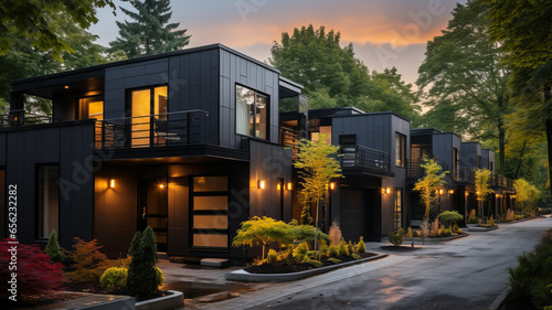 Modern modular private black townhouses. Residential architecture exterior. © Krisana