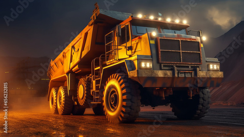 Big yellow mining truck for coal anthracite. Open pit mine industry.
