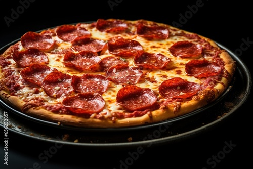 Pizza with salami pepperoni isolated on a black stone background