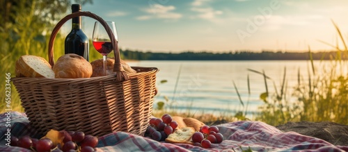 Idyllic scenery of a picnic by a serene lake with wine and a blanket photo