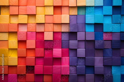 Colourful background of wooden blocks. A Spectrum of multi coloured wooden blocks aligned