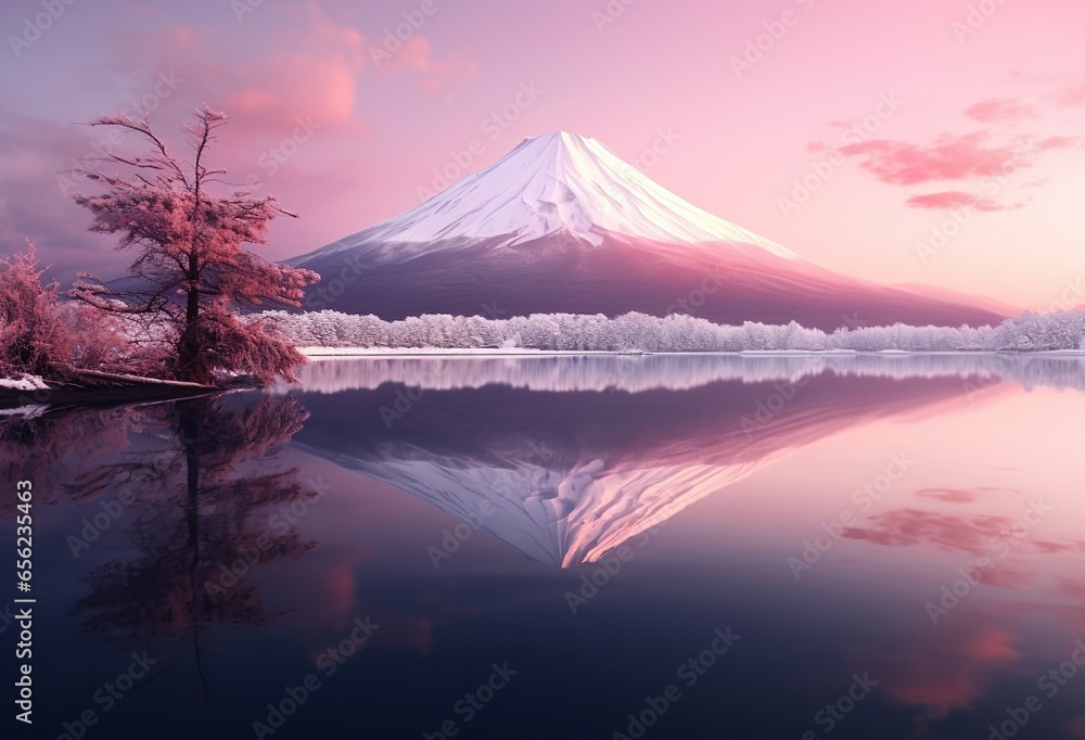 mount fuji reflected in the lake at sunset, japan, in the style of light crimson and violet, shaped canvas, post processing