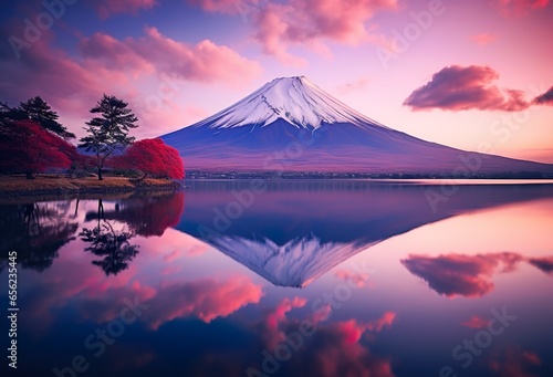 mount fuji reflected in the lake at sunset, japan, in the style of light crimson and violet, shaped canvas, post processing photo