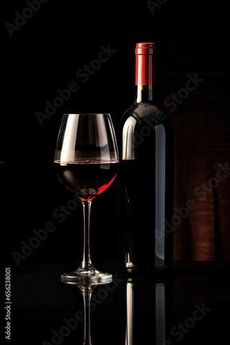 A bottle of wine and a glass of wine on a black background