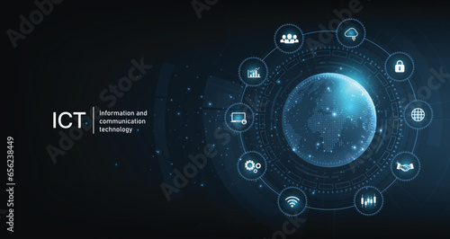 Information and communication technology(ICT)concept.Information and communication technology on dark blue background. Wireless communication network. Intelligent system automation.