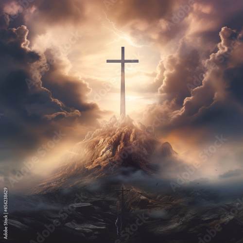 Holy cross symbolizing the death and resurrection of Jesus Christ with the sky over Golgotha Hill is shrouded in light and clouds | Apocalypse concept 