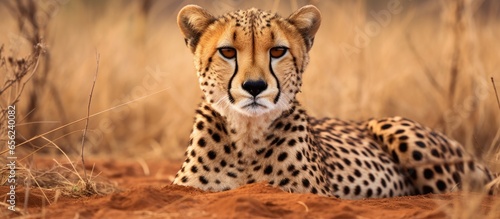 Cheetah resting on red soil staring at camera Low angle photo Dry forest in KwaZulu Natal Zimanga South Africa © 2rogan