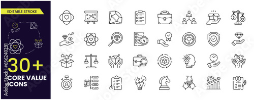Core values editable strokes icon, contains Honesty, Stakeholders, Integrity, Target purpose, and Strategy. Core values line icons., core values network—business Vector editable icons collections.