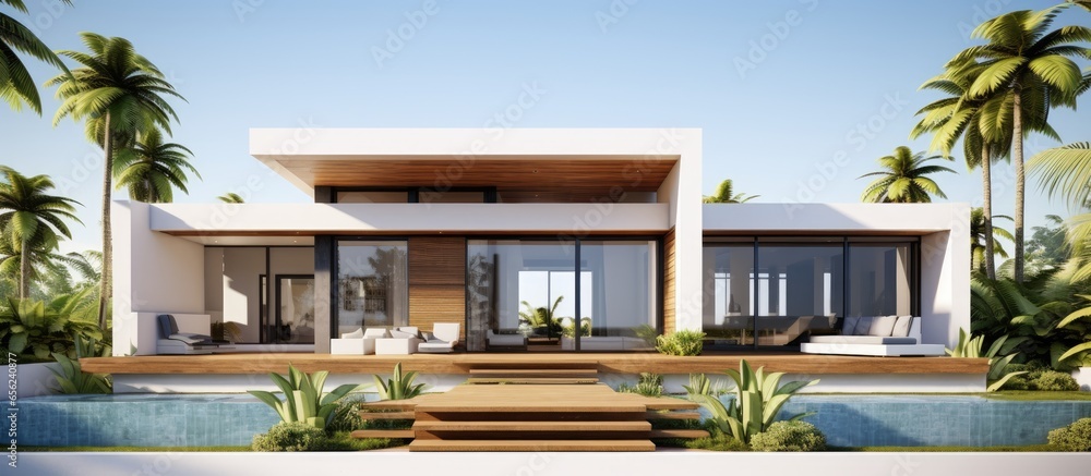 Rendered exterior view of tropical house with outline - obrazy, fototapety, plakaty 